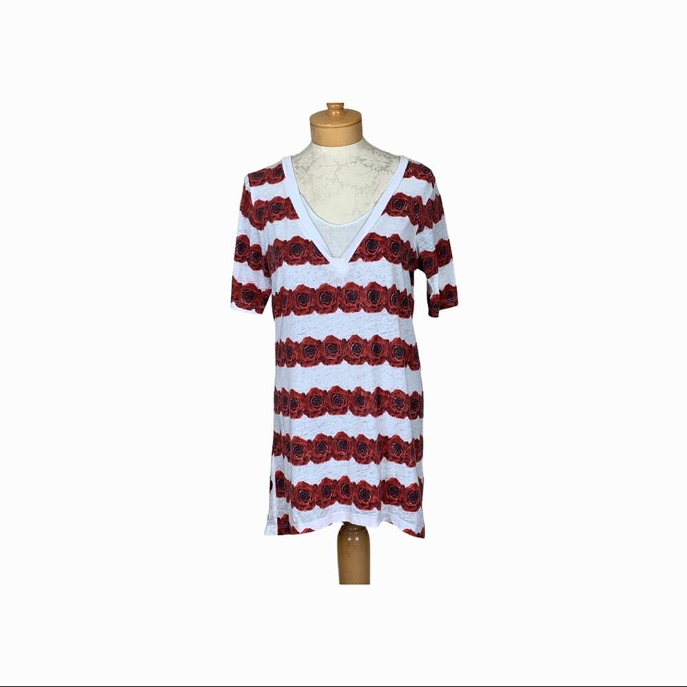 Chaser V Neck Rose Print Tunic T Shirt White Red Small